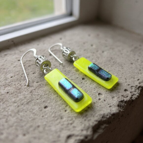 Fused Glass EARRINGS Emerald Green Sapphire Blue Striped Dangle - Picture 1 of 6